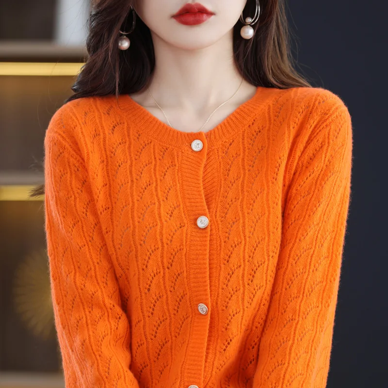 

Spring and Autumn Women's V-neck Hollow Solid Color Cardigan is Easy and Fashionable D76