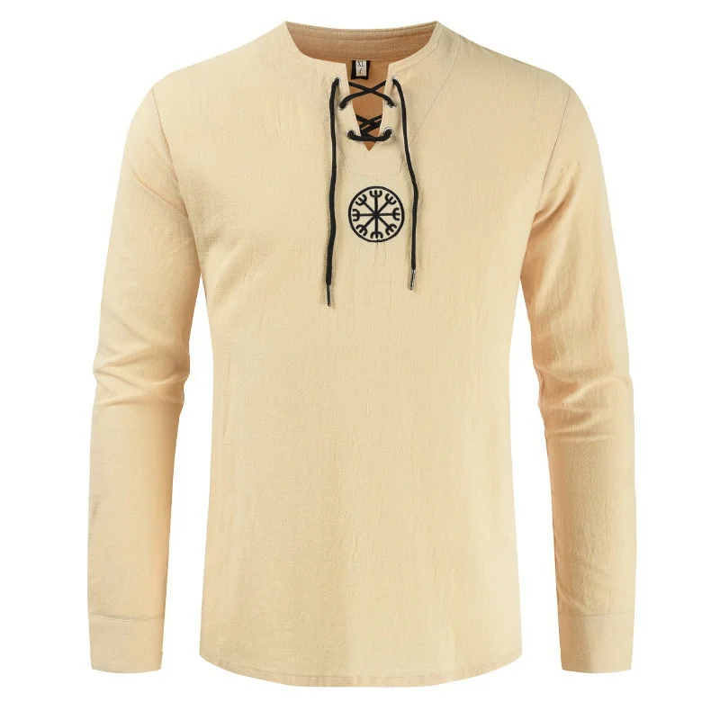 2022 New Men's Cotton and Linen Long-sleeved Shirt Round Neck Fashion Dual-use Sleeve Long-sleeved Linen Shirt Men's T-shirt