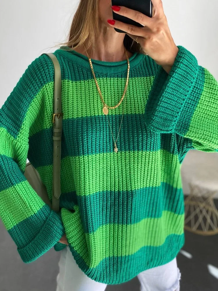 

Свободный Полосатый вязаный свитер женские пуловеры осень зима теплые толстые теплые Джемперы зеленый PinkHollow Out Y2k E-джемпер для девушки