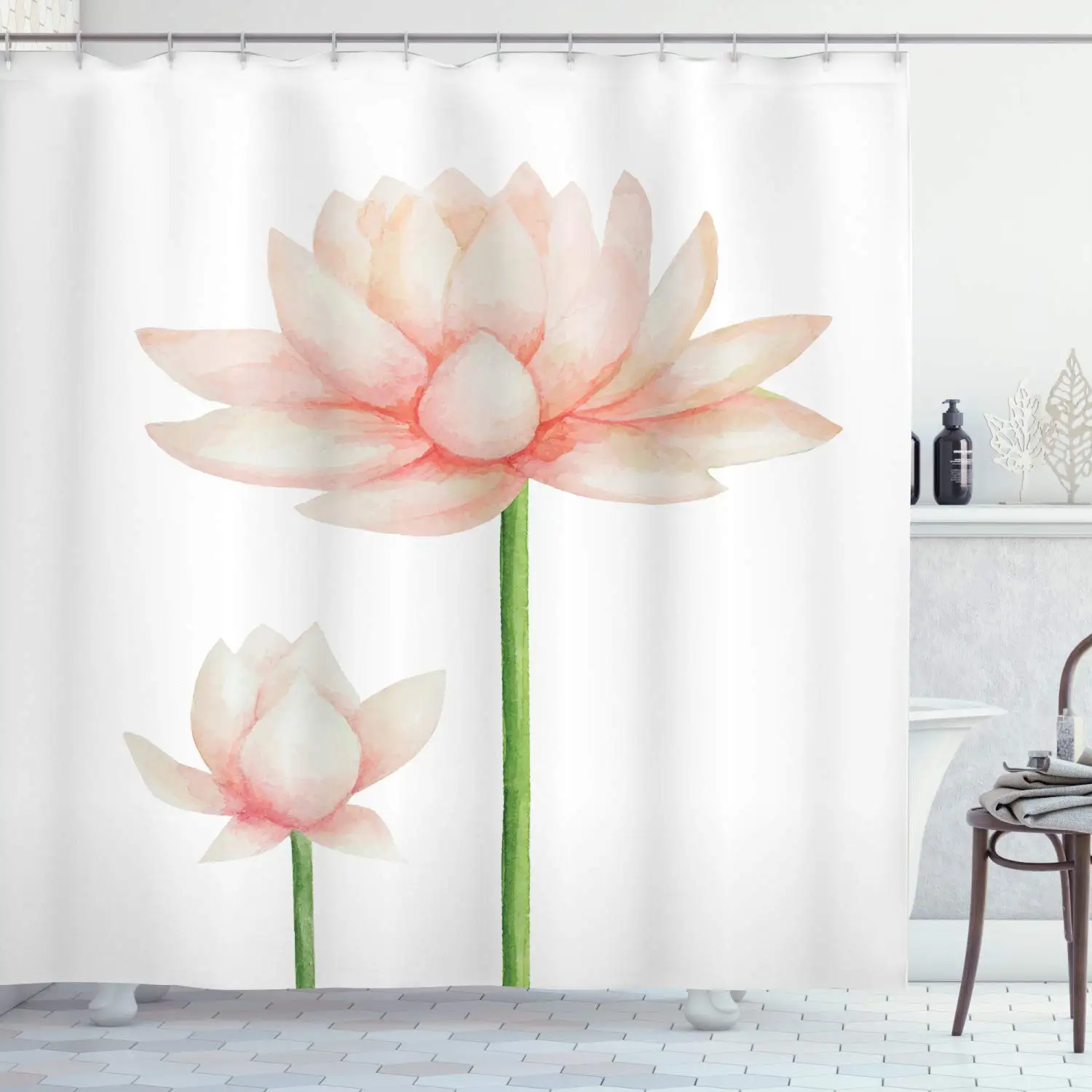 

Lotus Pink Flower Shower Curtain Asian Floral for Women and Girls Bathroom Decor Waterproof Fabric Bathtub Screen with Hooks
