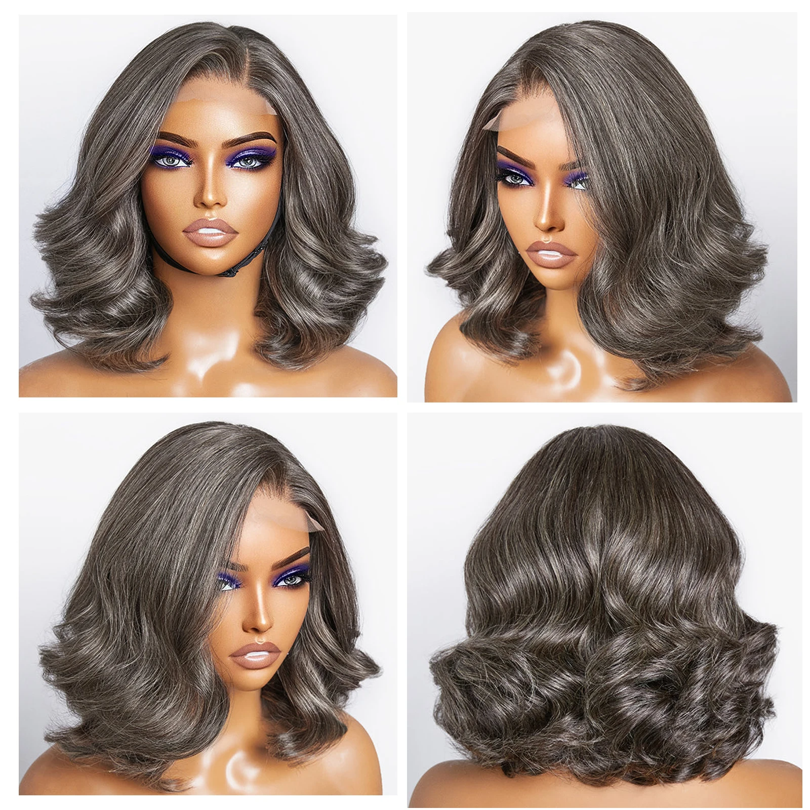 Salt &amp Pepper Grey Bob Wig Бесклеевой парик 6x6 HD Lace Close Парик Свободный волнистый серый