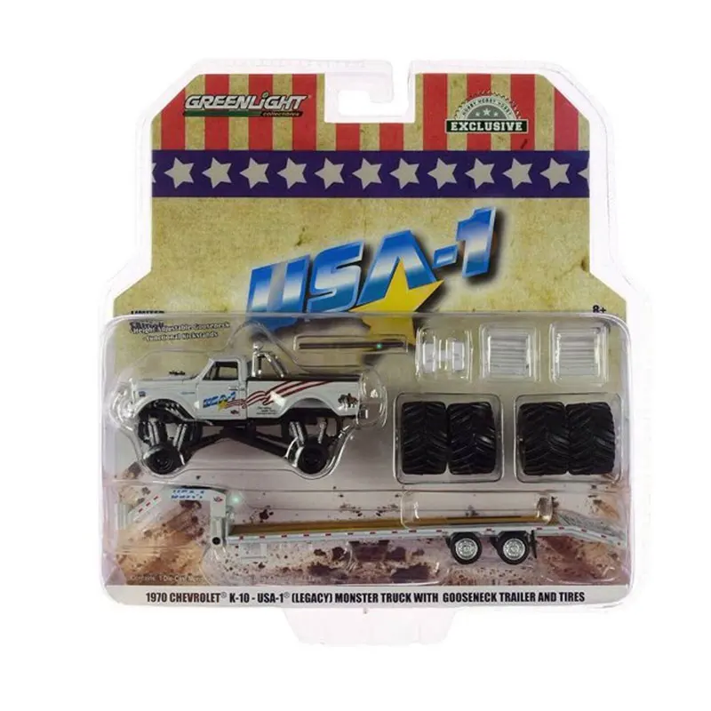 

GreenLight 1/64 Scale Diecast Car Toys 1970 Chevrolet K-10 USA-1 Legacy Monster Truck With Gooseneck Trailer Metal Model Toy