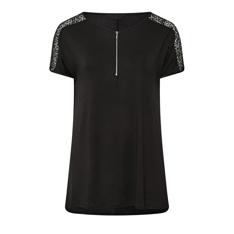 Plus Size Women's Fashion Zipper Patchwork Lace Pullover T-Shirt Spring Summer Round Neck Loose Short Sleeve Casual Black Tops