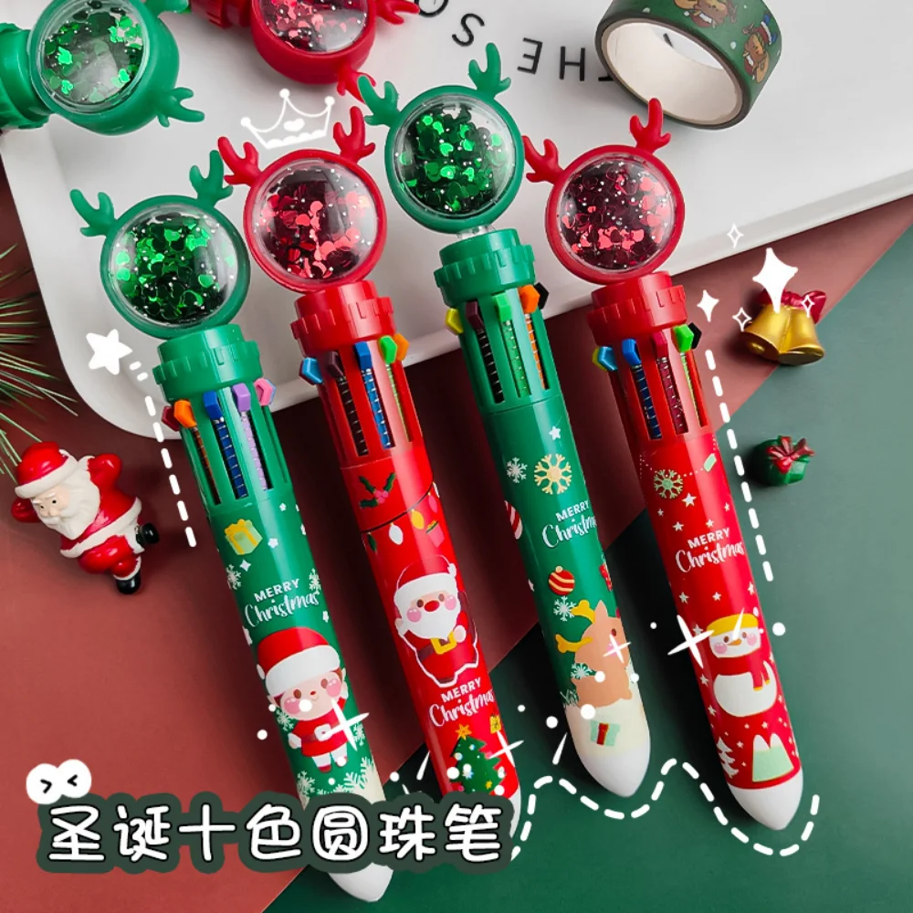 

1 шт. Милая Рождественская шариковая ручка, 10 цветов, выдвижная многоцветная ручка с блестками, оленем, Санта-Клаусом, подарок, школьные и офи...