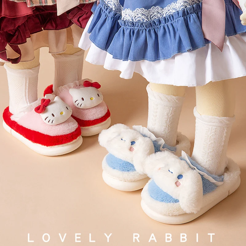 

Anime Hello Kitty Plush Slippers Kawaii My Melody Cinnamoroll Children Wrapped Heel Slides Cartoon Kids Fluffy Winter Shoes Gift