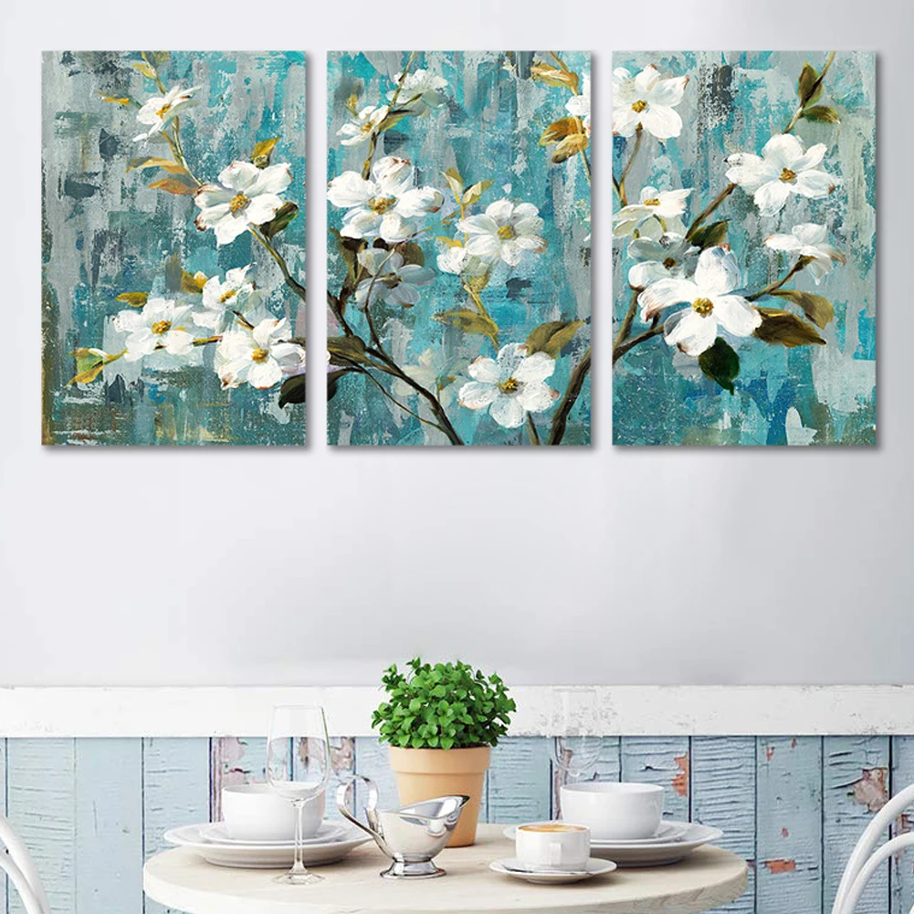 Фото Абстрактные белые цветы настенное искусство 3 шт. Diy алмазная живопись мозаика горный хрусталь 5D полная алмазная вышивка Настенный декор №1