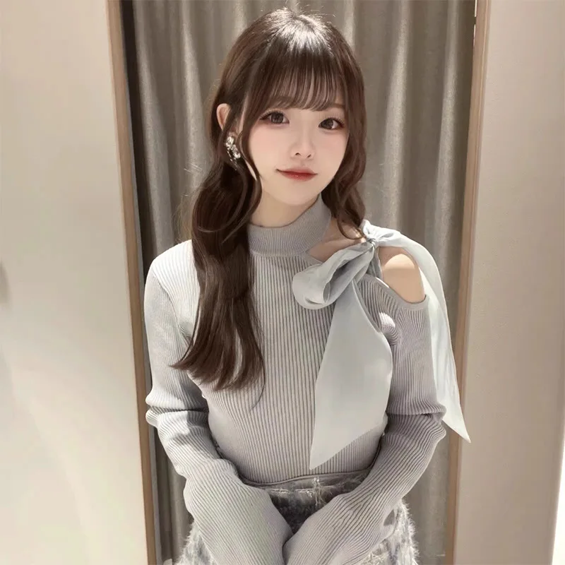 Осенние шикарные свитера в японском стиле с открытыми плечами и бантом на