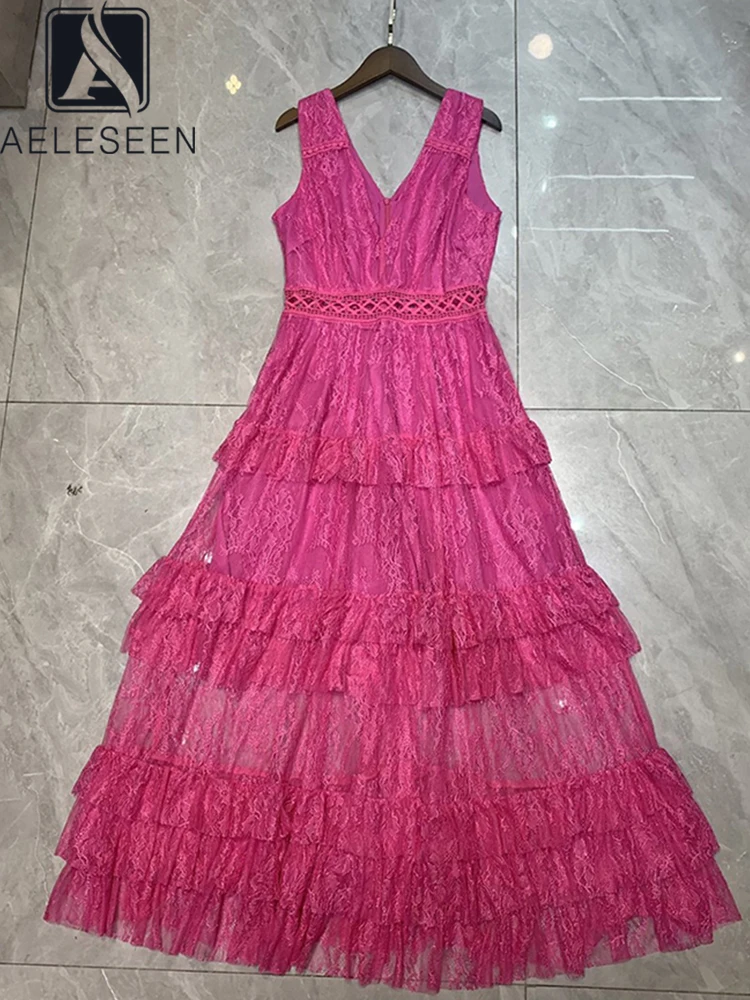 

AELESEEN Runway Fashion 2022 Summer Long Dresses Women Rose Red Pink Sleeveless V-Neck Cascading Ruffles Elegant Party Vacation