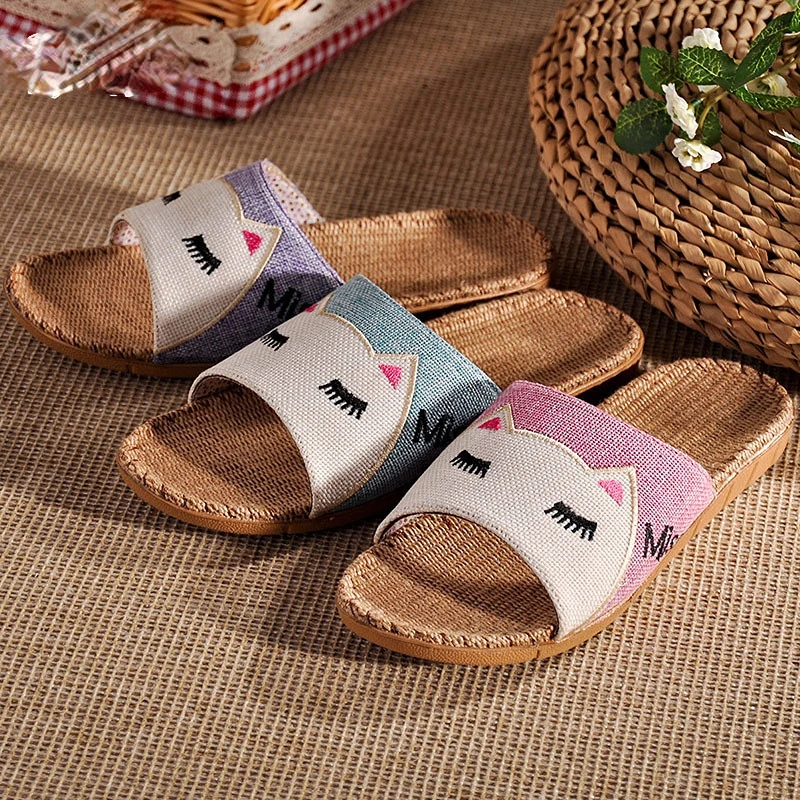 

Luxury Designer Shoes Linen Braided Bottom Roman Sandals Fashion Square Toe Flat Outdoor Beach Elegant Party Woman Slippers
