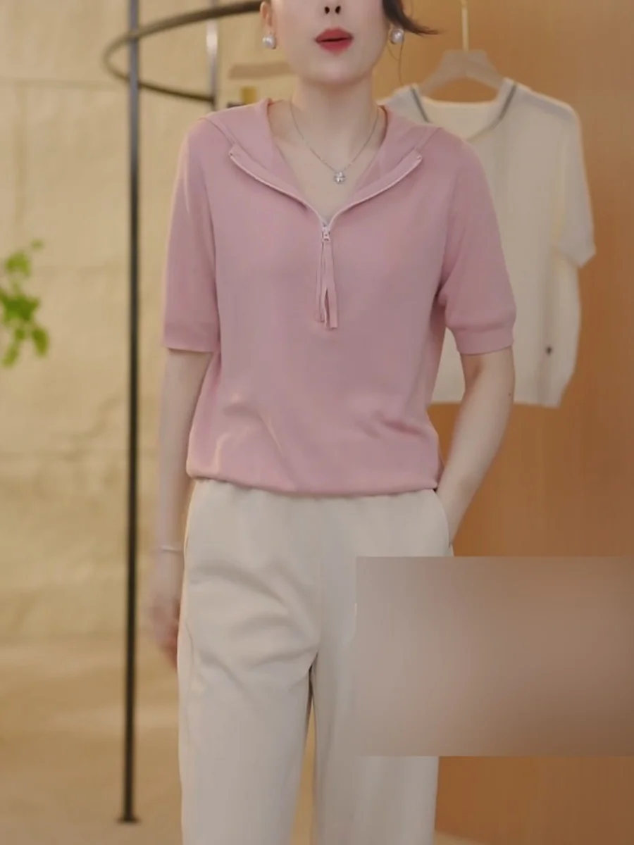 Knitted Short sleeve T-shirt Women 2024 Summer New Hoodie Raglan Plus size Chubby Girl Soft Glutinous Hood Pullover Top