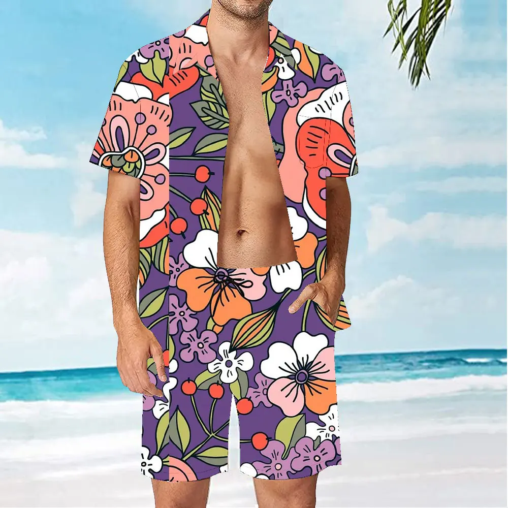 

Мужской пляжный костюм с принтом, Повседневная рубашка с отложным воротником и короткими рукавами, шорты, гавайский костюм для отпуска, лет...
