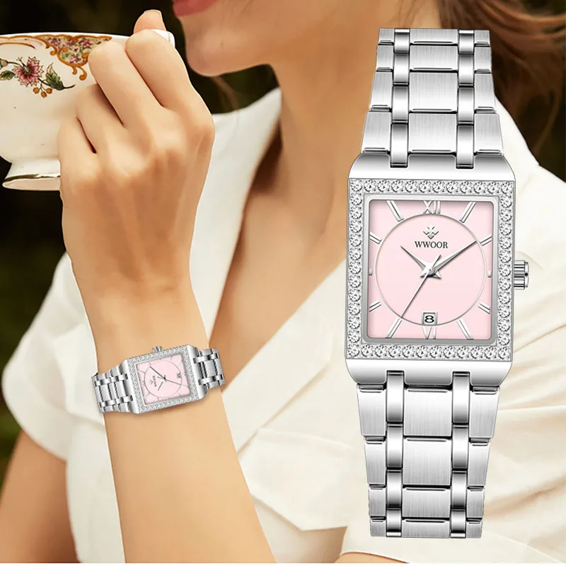 

WWOOR Fashion Square Watch For Women Luxury Brand Ladies Quartz Diamonds Wristwatch Simple Femme Full Steel Clock Zegarek Damski