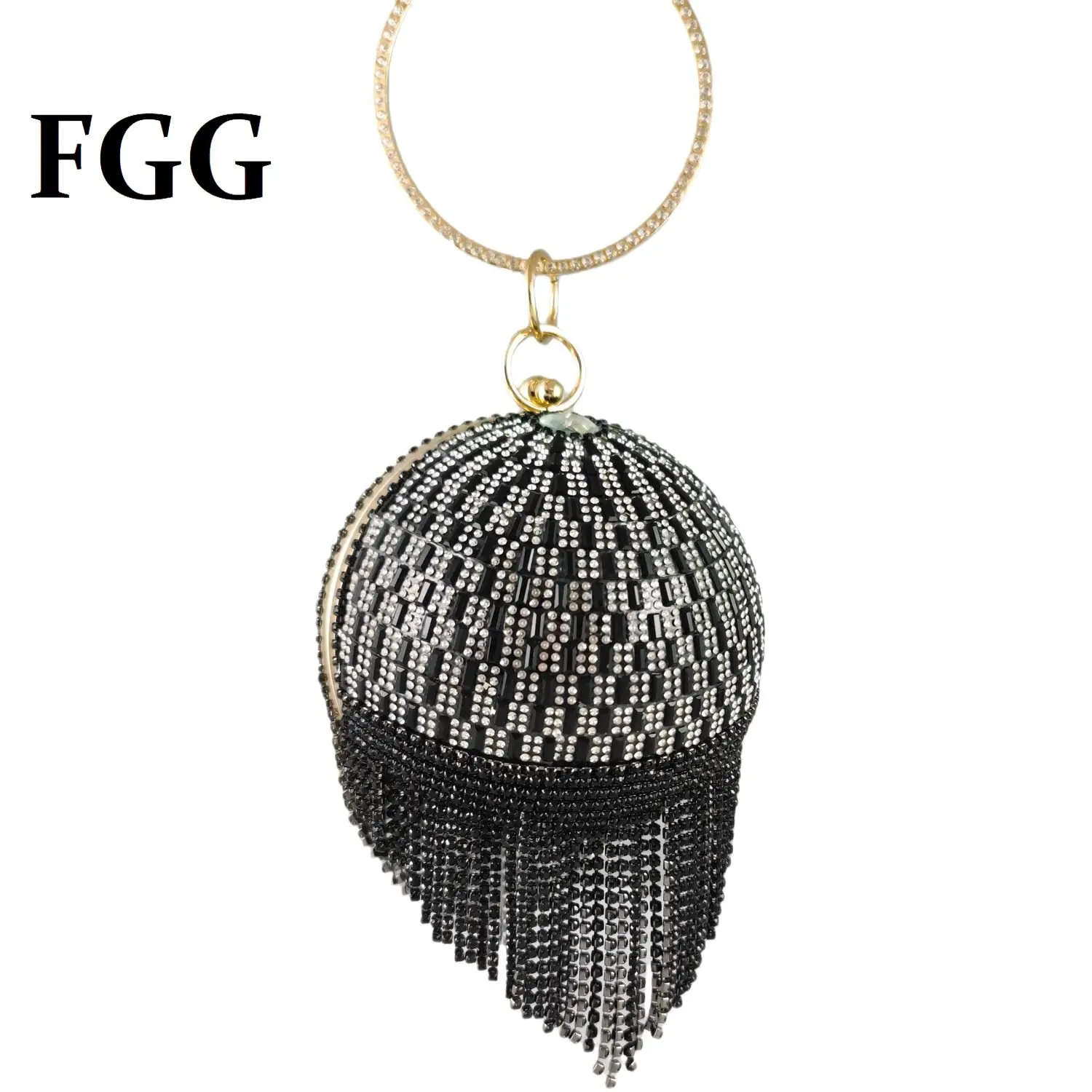 Boutique De FGG Round Ball Tassel Women Black Crystal Clutch Evening Bags Bridal Wedding Party Rhinestone Purses and Handbags