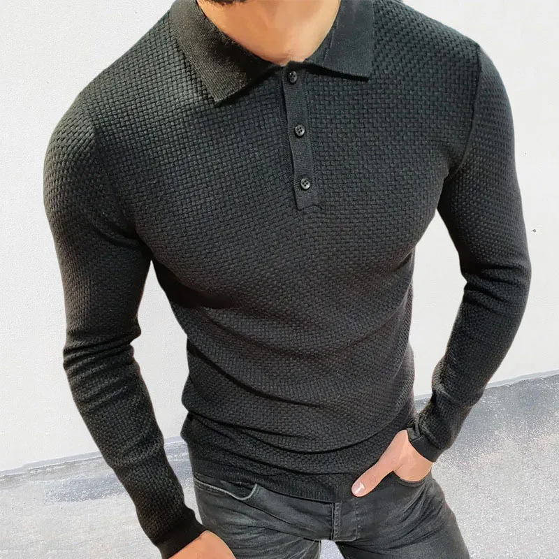 

Fall and Spring Knitted Slim Elastic Long Sleeve for Men Polo Shirts Solid Color Turn-down Collar Buttoned Tops Pullover