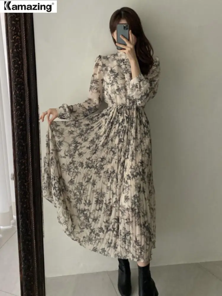 

2023 Spring New Women Chic Korea Fashion Floral Printed Long Dress Lantern Sleeve Lace Up A Line Robes Summer Chiffon Vestidos