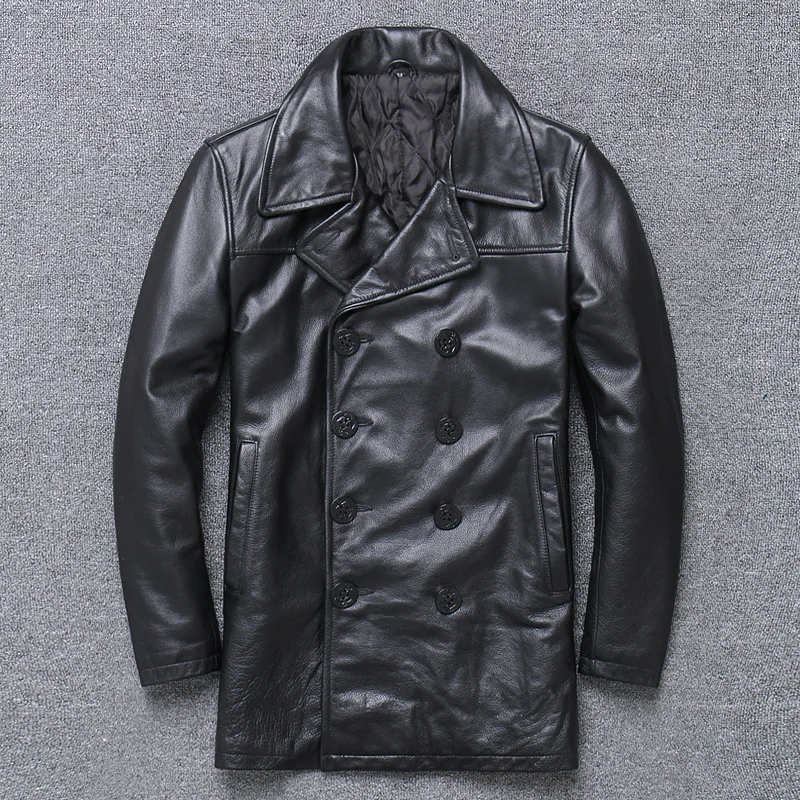 

DHL Free Shipping Male Genuine Leather Long Jacket Autumn Winter Cow Leather Warm Black Coat Male Large Size Thick Jacket
