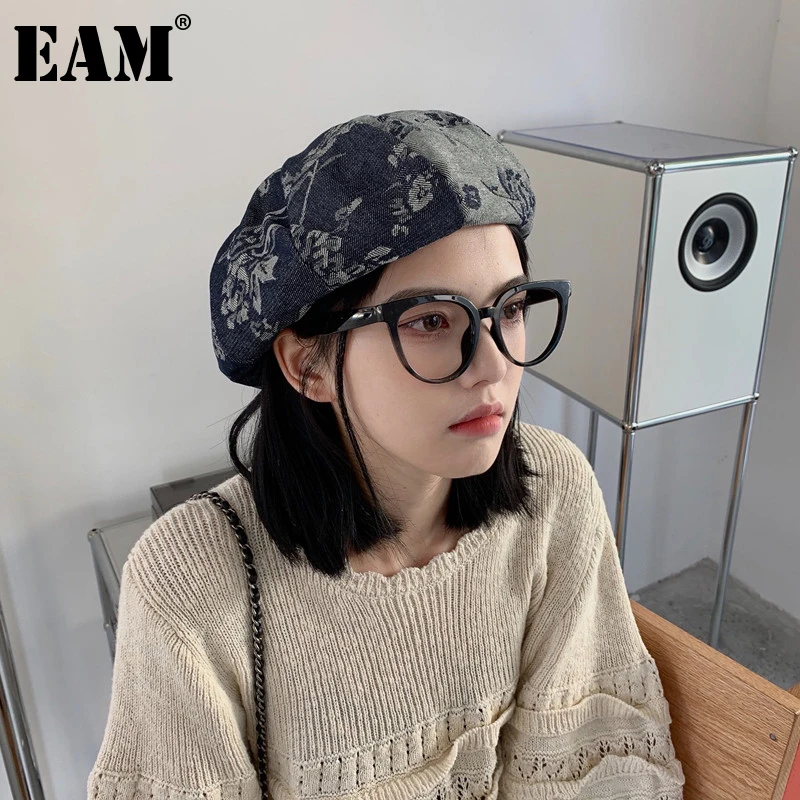 

[EAM] Women Black Denim Printed Vintage Berets Hat New Round Dome Temperament Fashion Tide All-match Spring Autumn 2022 1DE3870