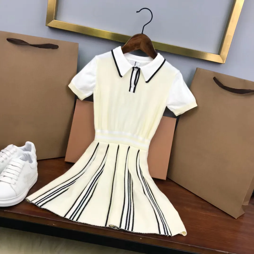

2022 Summer high quality fashion brand white shirt collar stitched pleated stripe knitted Girls Dress 2 4 6 8 10 12 years old