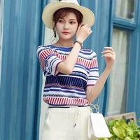 ice silk sweater short sleeve loose large size colorful bright silk top rainbow striped t shirt womens summer thin