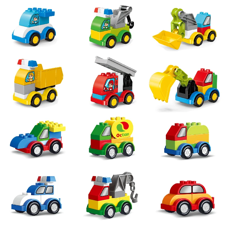 

Trucks Car Model Big Building Blocks Excavator Police Car Crane Engineering Vehicle Forklift Assemble Bricks Toys For Children