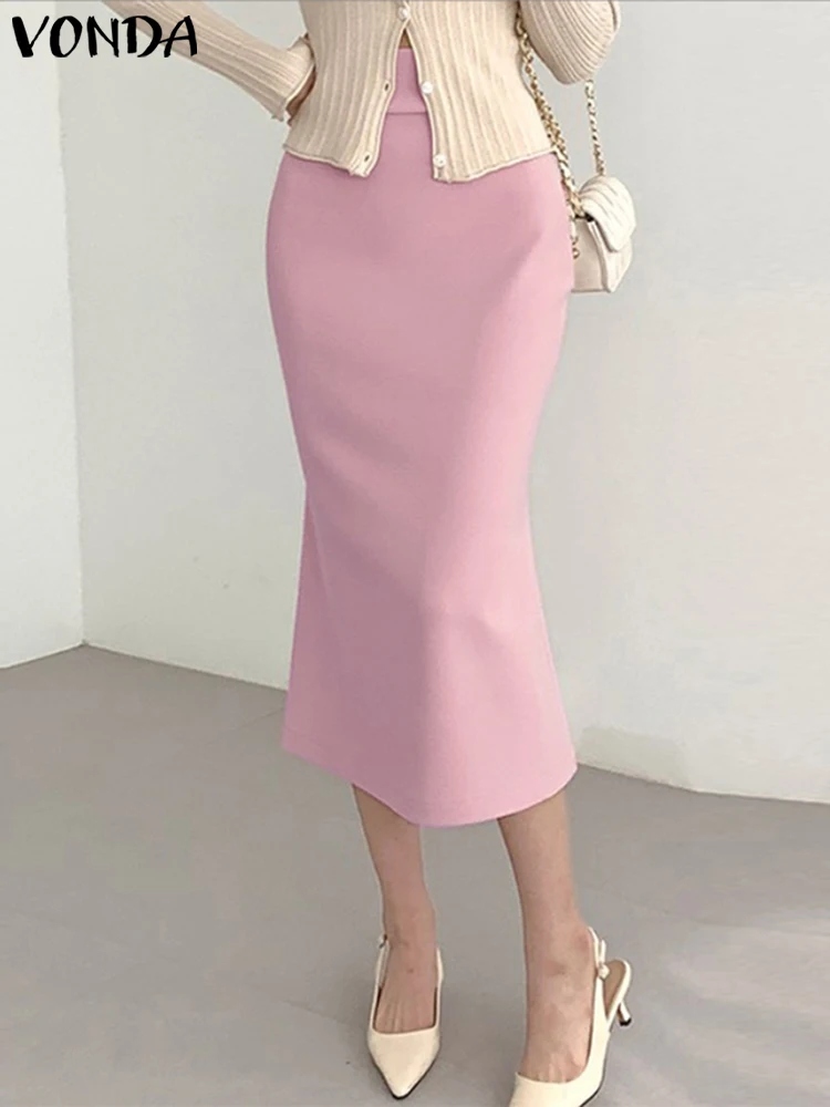 

VONDA Summer Elegant Women OL Office Skirts 2023 High Waist Wrap Hip Solid Color Fashion Casual Midi Skirt Slim Bottoms Feminina