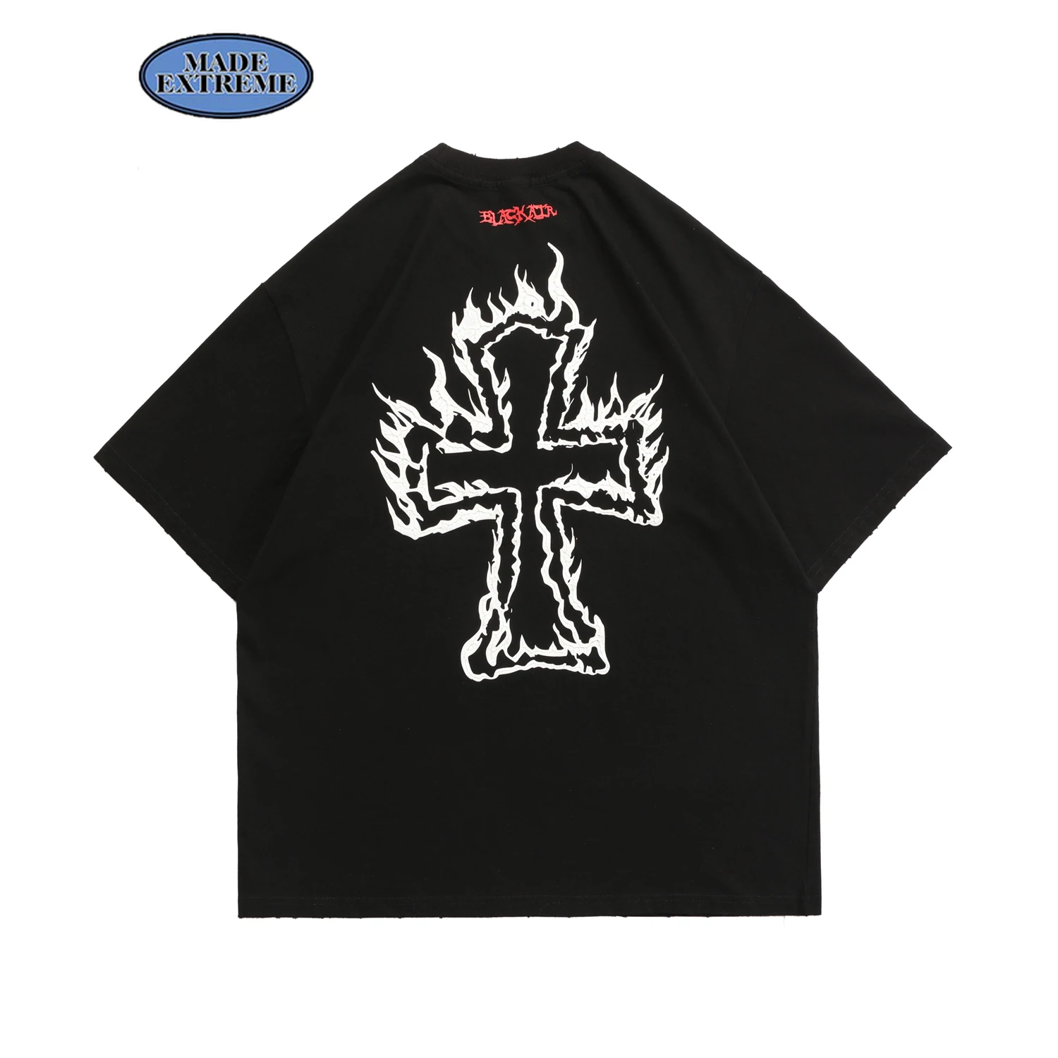BLACKAIR Flame text short sleeve t shirts high street retro casual shirt men oversized gothic tops graphic tees streetwear |