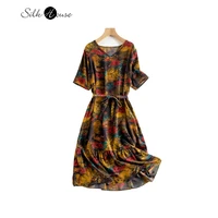 2022 womens fashion summer new 100 natural mulberry silk crepe de chine print loose ruffle v neck party dress