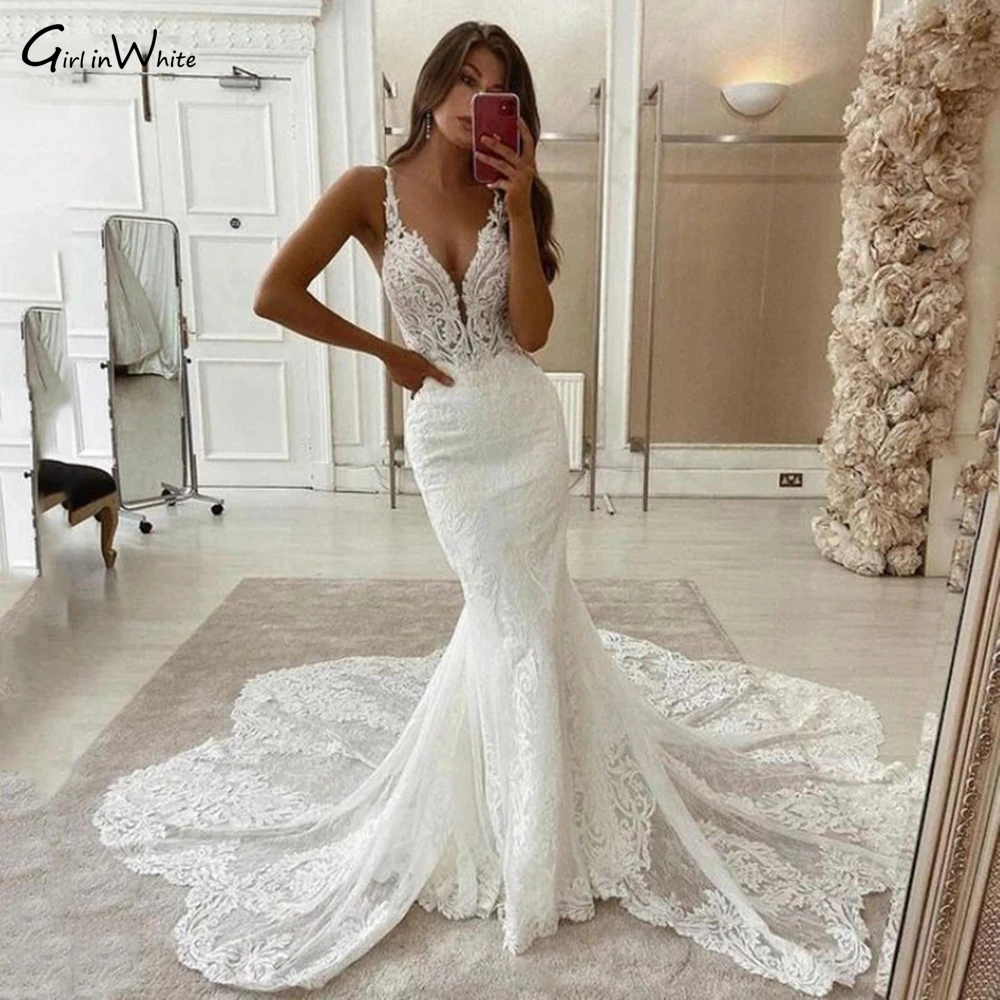 Сексуальные кружевные свадебные платья-русалки на тонких бретельках мягкое