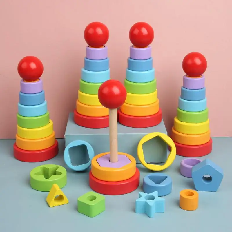 

Wooden Rainbow Tower Baby Toys Geometric Stacking Cup Color Rainbow Stacking Ring Tower Montessori Toys Educational For Kids