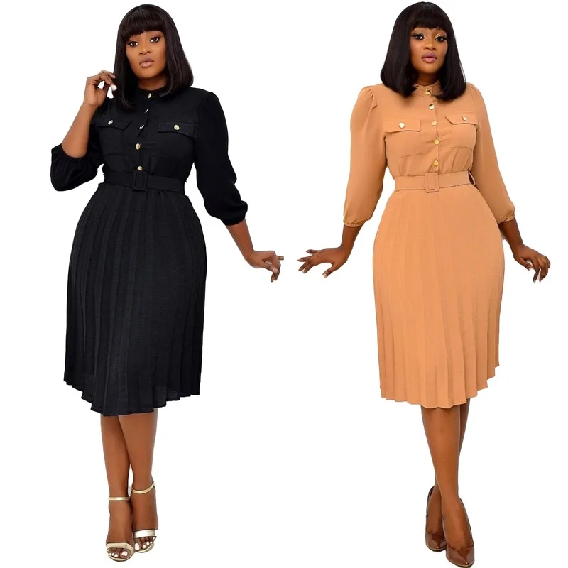 

Black Pleated Midi Dress Spring Women Fashion Three Quarter Sleeve Button Dress African Woman Clothes Office Lady Work Dresses