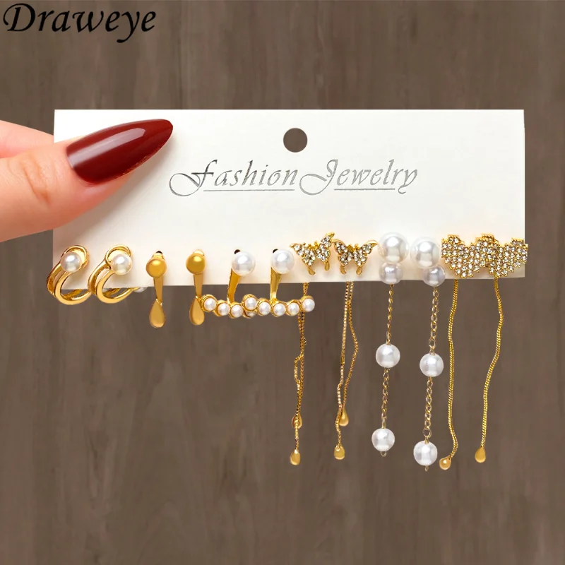 

Draweye Butterfly Jewelry Sets Korean Fashion Pearls Tassels Elegant Sweet Drop Earrings for Women Vintage Pendientes Mujer