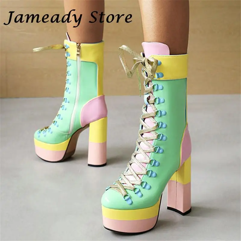 

Candy Colored Women Boots Fashion Thick Bottom Platform Super High Heel Mid Calf Boots Female Mixed Color Knight Boots Winter