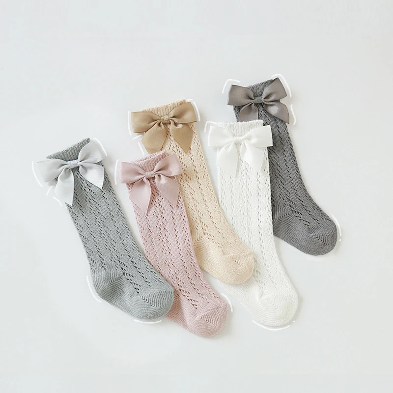 

New Baby Girls Mesh Socks with Big Bow Summer Kids Knee High Cotton Hollow Spainsh Style Children 0-5Y Toddler Princess Socks