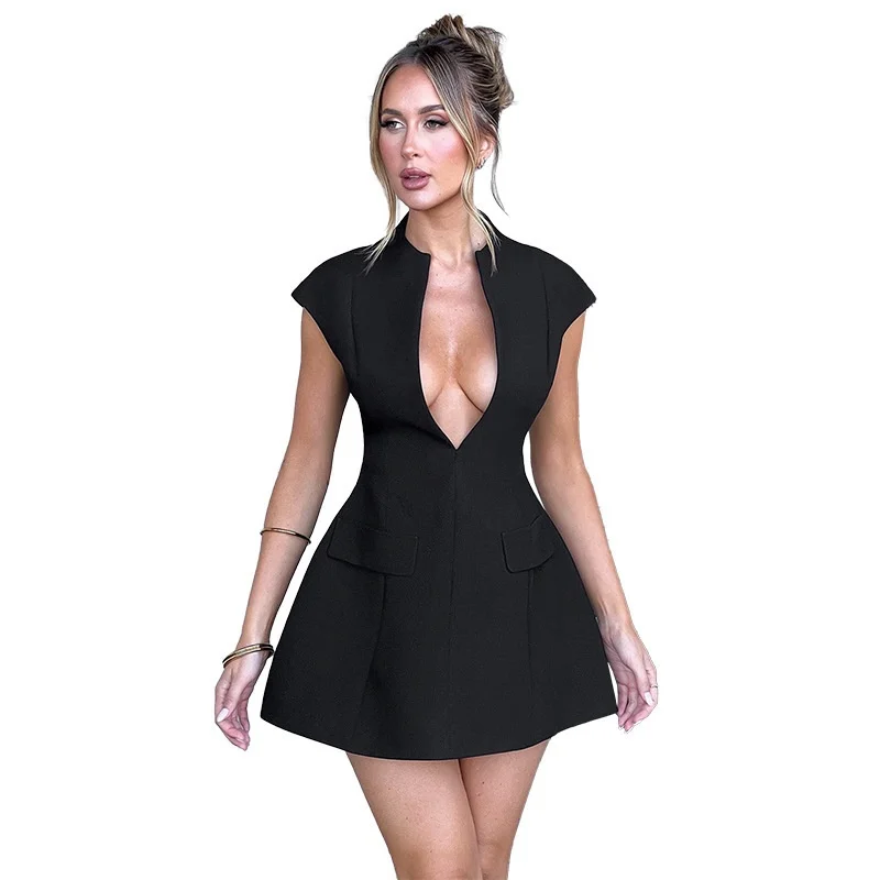 Deep V-shaped Dress New Slim fit Short dress Western Sle Sexy V Temperament Bag Cover Women