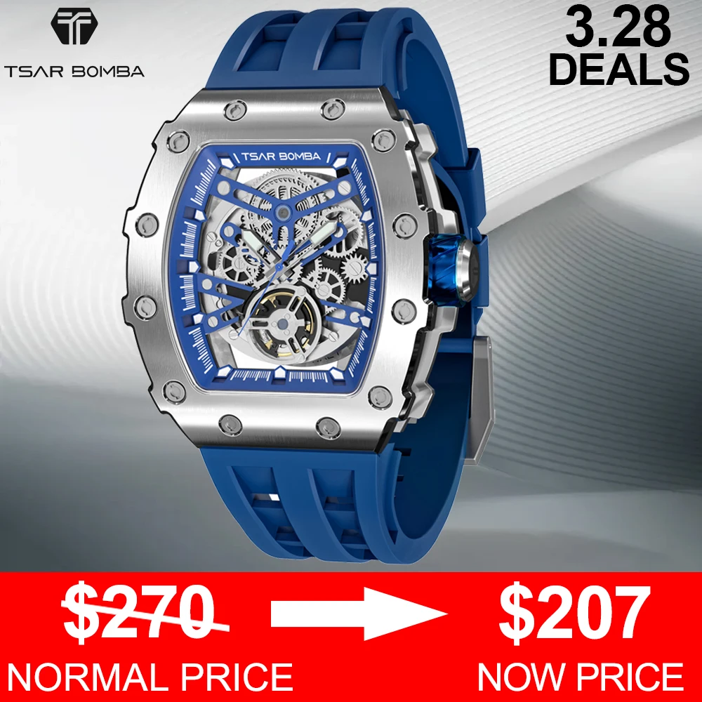 

TSAR BOMBA Luxury Men Watch 50M Waterproof Sapphire Tonneau Hollow Design Wristwatch Automatic Mechanical Skeleton Watch for Men