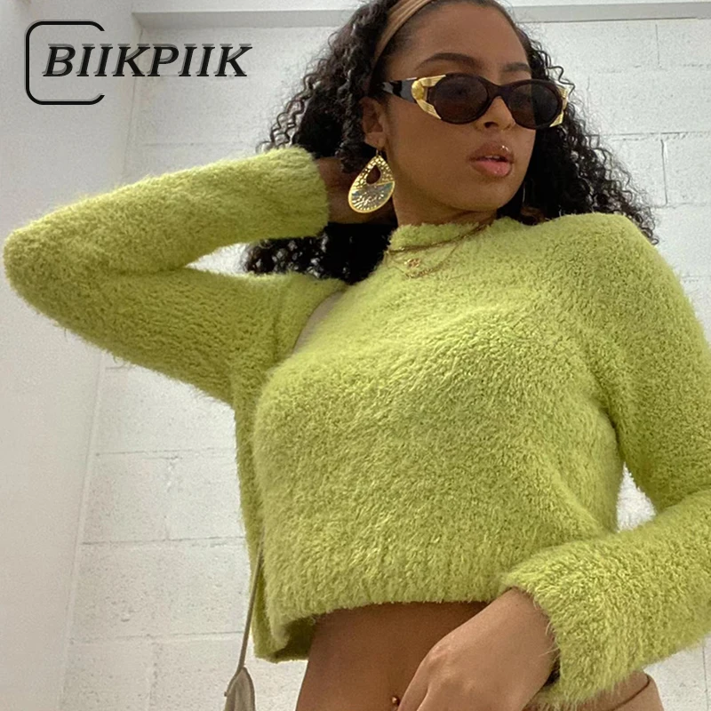 

BIIKPIIK Ранняя осень 2022 флисовые свитера Топы женские повседневные с длинным рукавом Короткие футболки однотонные женские универсальные улич...