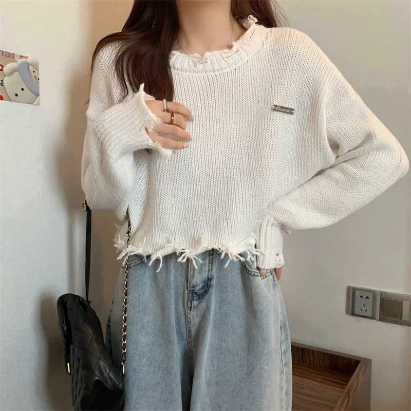 

Vintage Knitted Sweater Women Thin Outer Wear Long Sleeve Crew Neck Top Solid Color Pullover Irregular Design Loose Sweater