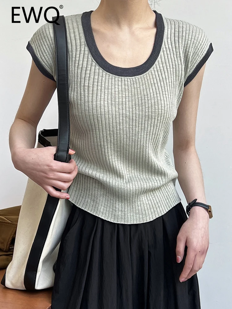 

EWQ Contrast Color Slim Knitting Short Sleeve T-shirt For Women Round Neck Pullover Thin Female Tops 2023 Summer New 26D3372