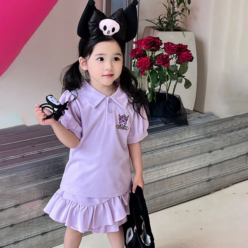 

Sanrioed Kuromi My Melody Cinnamoroll Summer Children's Ruffled Skirt Set Cute Cartoon Short Sleeved Skirt Two-Piece Set