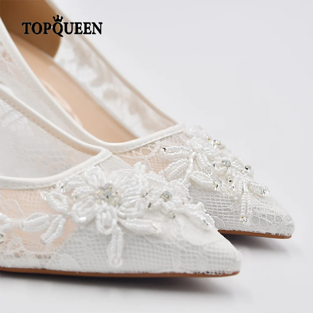 TOPQUEEN Wedding Shoes Bride Woman Shoes New Arrivals 2022 White Lace Bead Elegant Wedding Heels Ladies Wedding Shoes A04