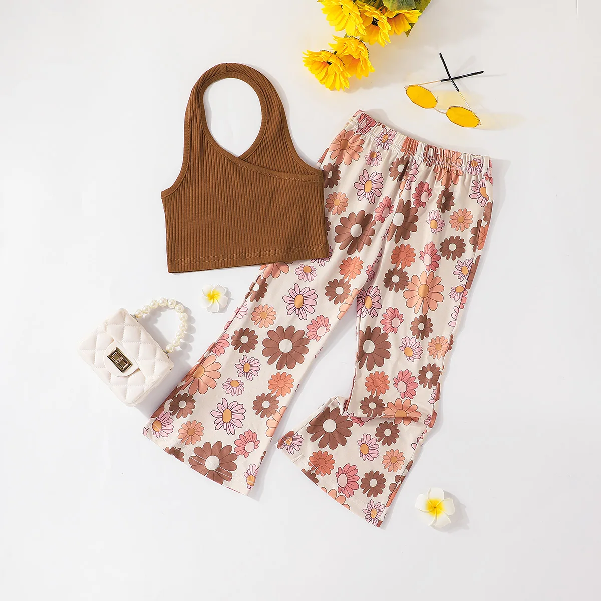 

4-7T Fashion Summer Clothing Girl Halter Ribbed Vest Crop Tops+Floral Pants Toddler Outfits Girls Clothes Sets Streetwear Suit