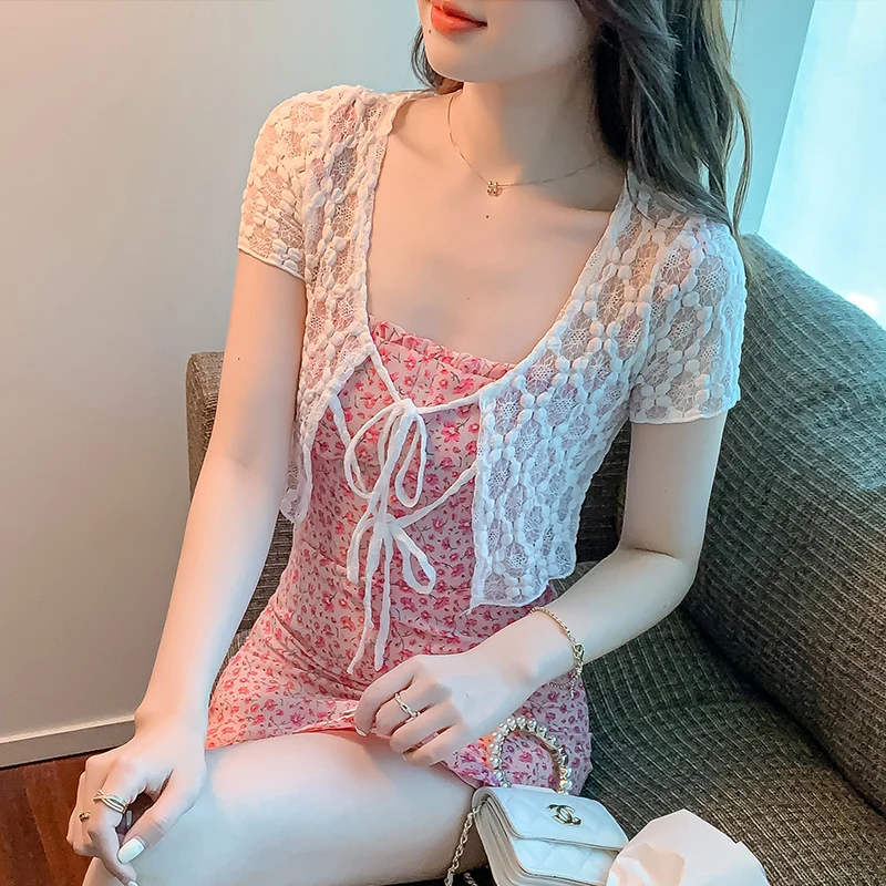 

Женская кружевная накидка на весну и лето, женская модная накидка с защитой от перенапряжения, милые рубашки с коротким рукавом и лентой на шнуровке