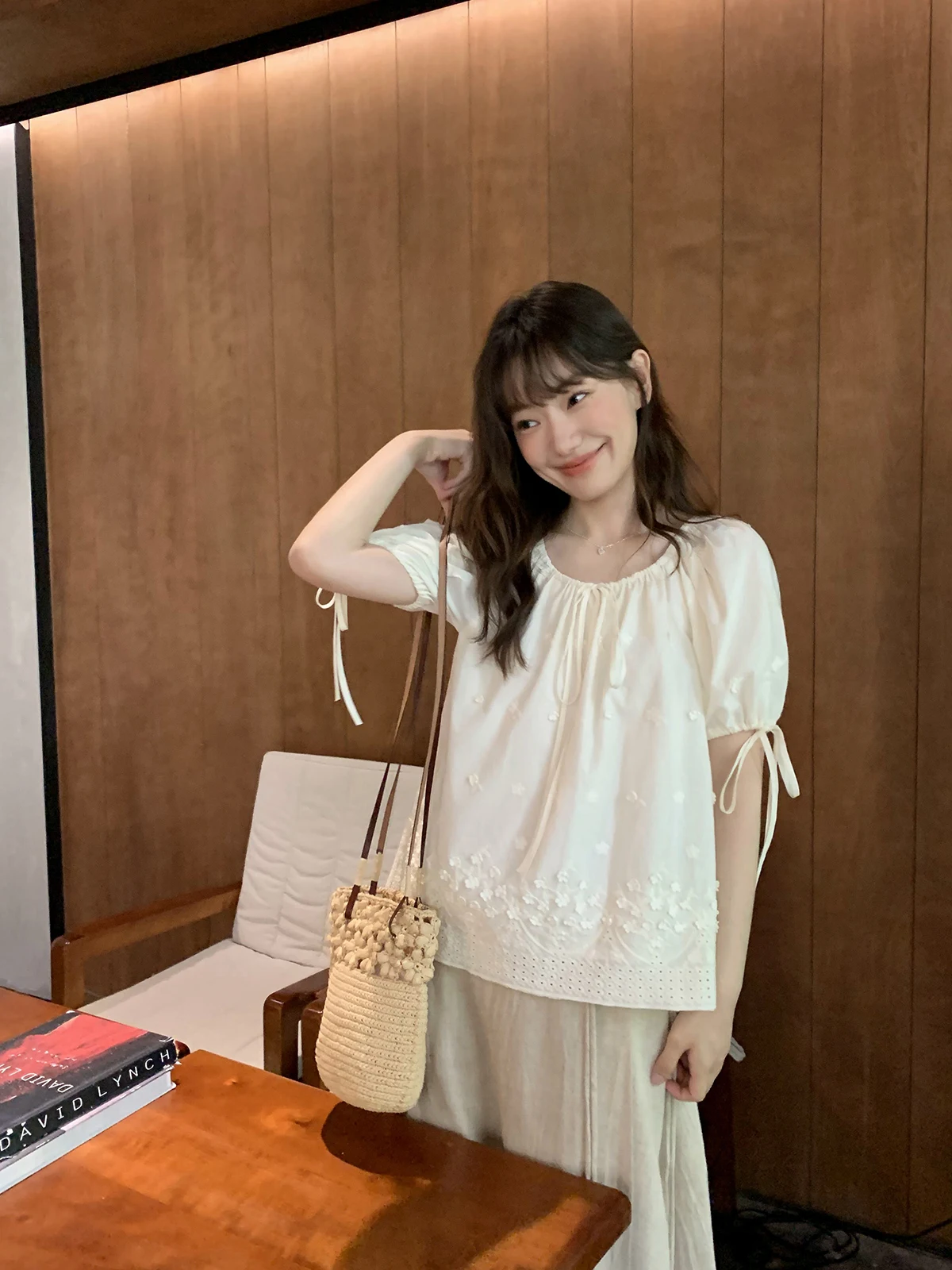 Hello Cannon Three-Dimensional Embroidered Hollow Lace Lace-up Shirt Women Summer 2024 New Small Loose Chic Shirts