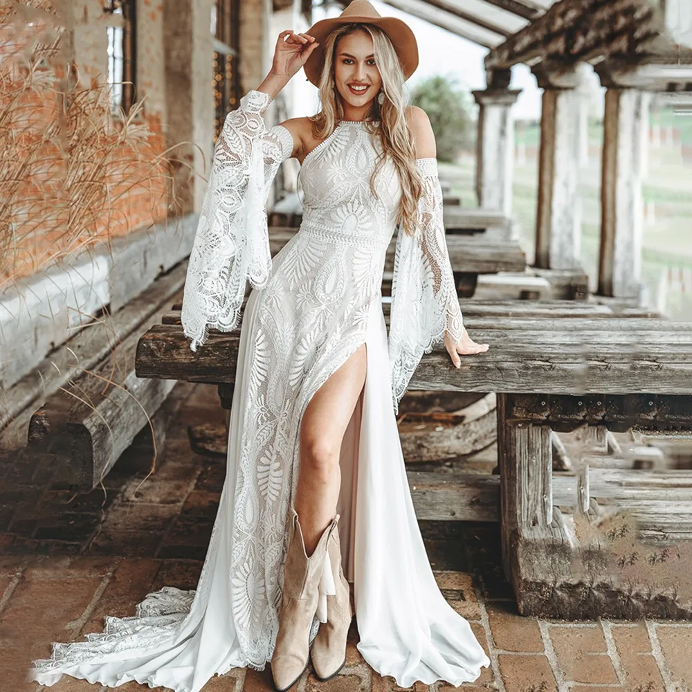 

Halter Lace Beach Boho Wedding Dresses Flare Sleeves High Split Summer Flowying Train Backless Bridal Gowns Custom Size