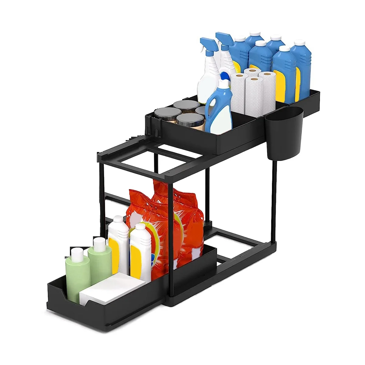 

Double Sliding Cabinet Basket Organizer Drawer, Bathroom Kitchen Organizer,With Hooks, Cup, Dividers