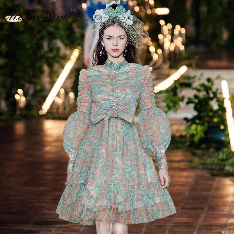 

Fashion Designer dress Spring Women's Dress Stand collar Lantern Sleeve Lace-up Mesh Ruched Print Ball Gown Dresses