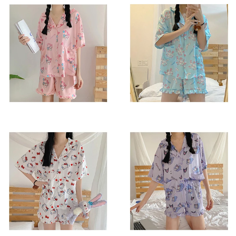 

Sanrios Kawaii Cute Pajamas Summer Loose Short-Sleeved Shorts Kuromi Mymelody Cinnamoroll Kitty Cartoon Anime Home Clothes