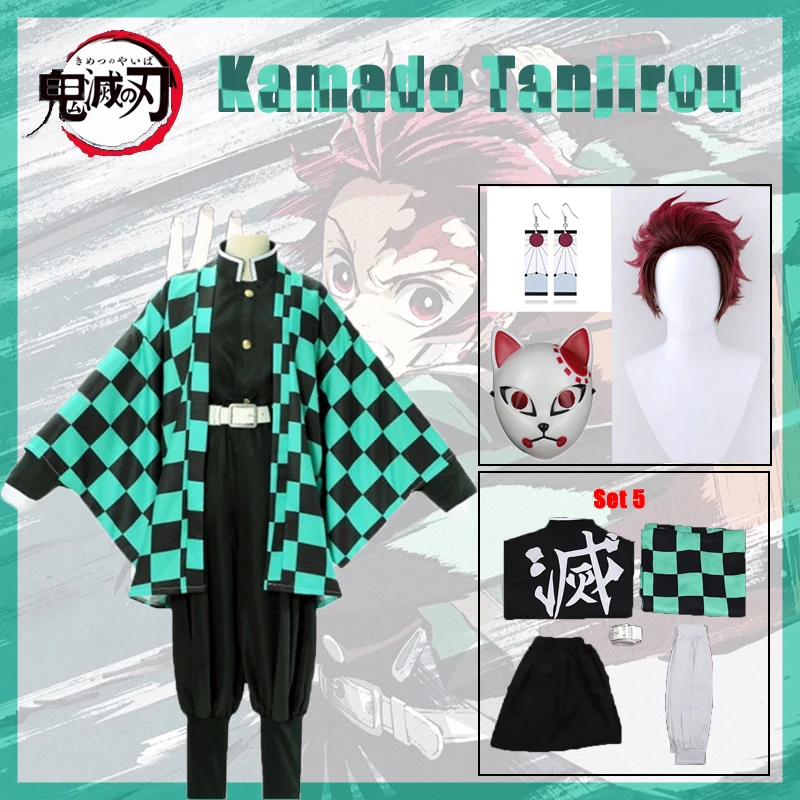 Demon Slayer Kamado Tanjirou Cosplay Costume Katana Sword Props Mask Anime Clothes  Eardrop Uniform Set