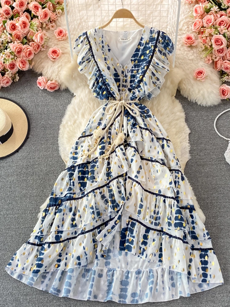 

FTLZZ Summer Women V-neck Ruffled Sash Tie Up Midi Dress Casual Lady Floral Print Dress Empire Slim Asymmetric Party Dress