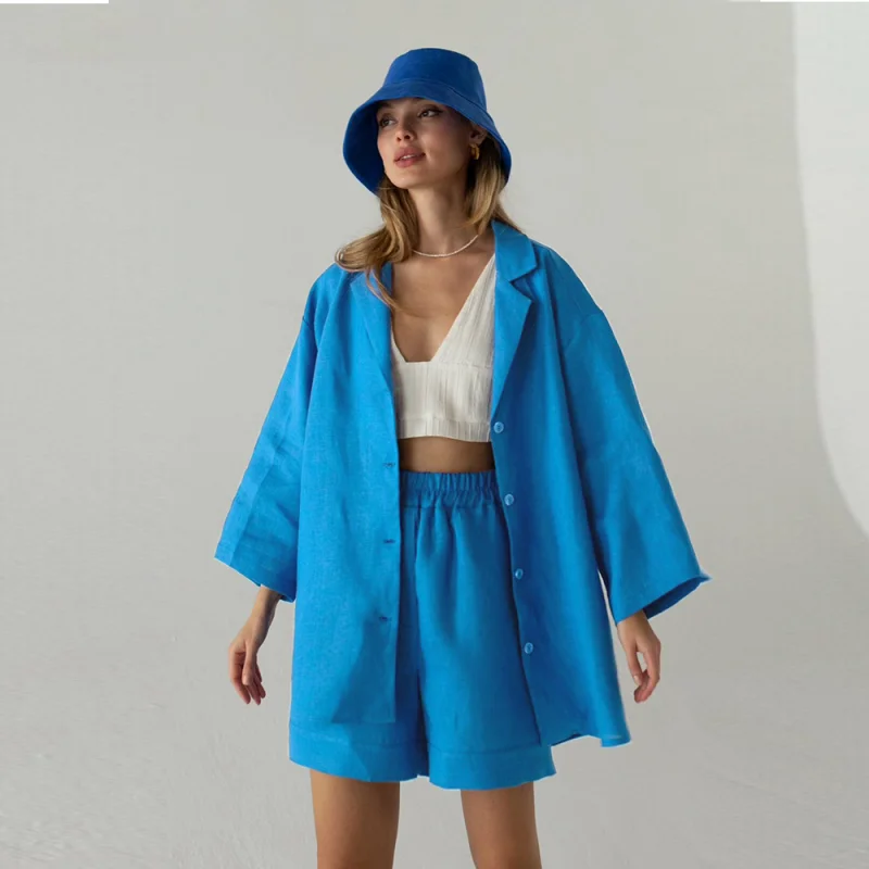 Sets Cotton Linen Loose 2 Pieces Notched Shirt Summer Waist Wide Shorts Pants Women Suits 2022 Casual Holiday Shorts